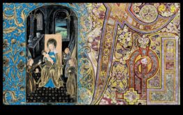 Готическият шрифт с илюминирана фраза и илюминация в монашеските ръкописи